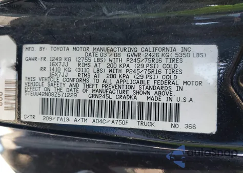 2008 Toyota Tacoma Base V6 z USA, uszkodzony, nr VIN 5TEUU42N08Z571229